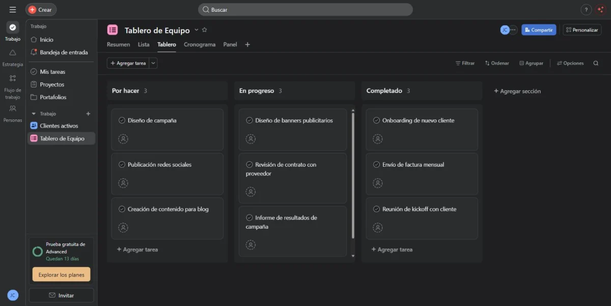 Panel de Asana usado por una agencia de marketing