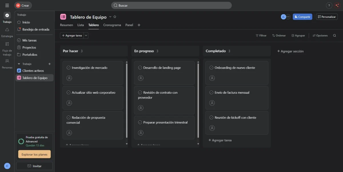Tablero de Asana para equipos pequeños