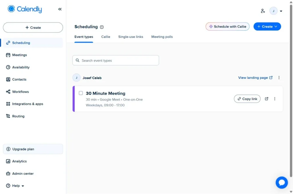 Panel de Calendly para agendar clases particulares