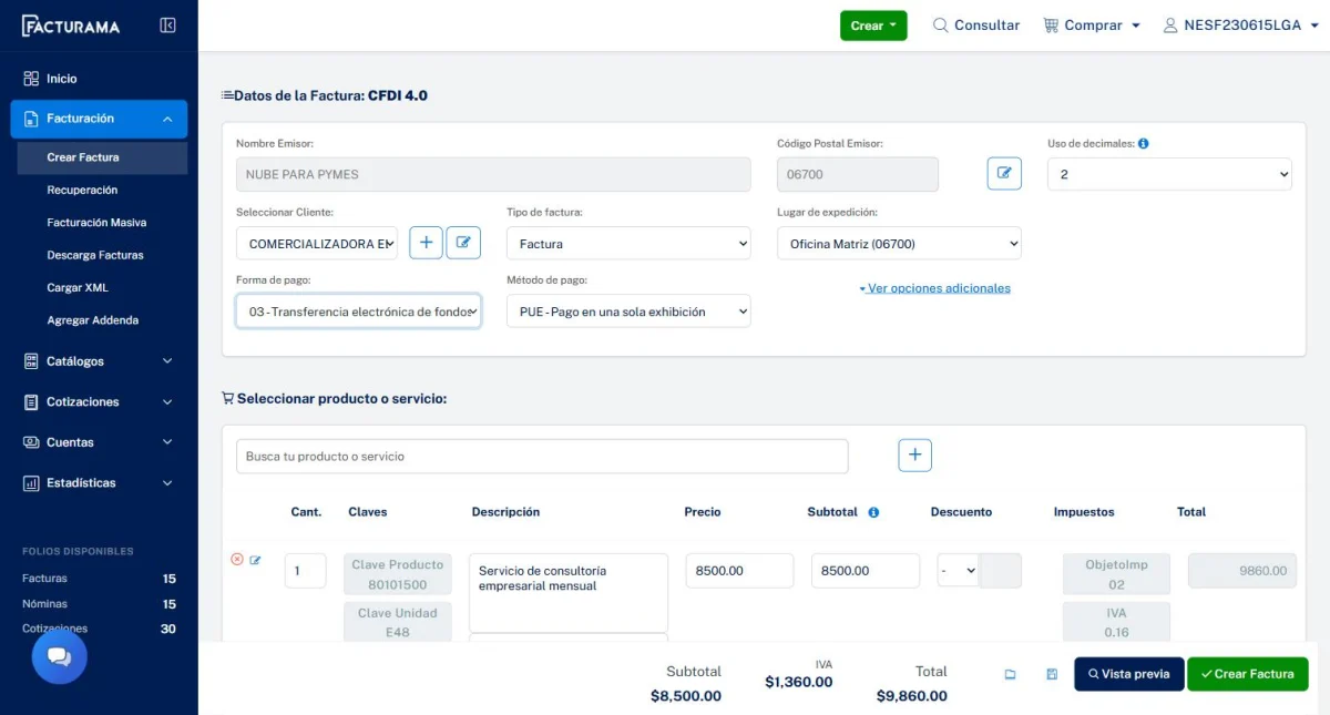 Ejemplo de emisión de CFDI en México