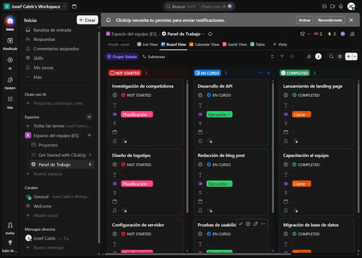 Panel de espacio de trabajo en ClickUp
