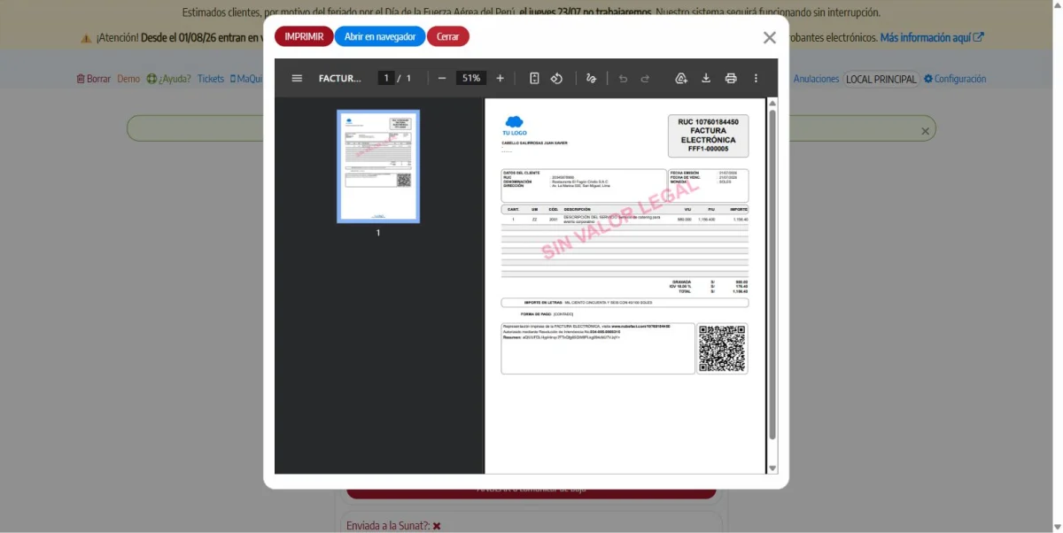 Ejemplo de emisión de factura electrónica en Perú