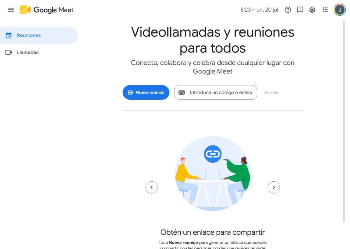 Interfaz de Google Meet