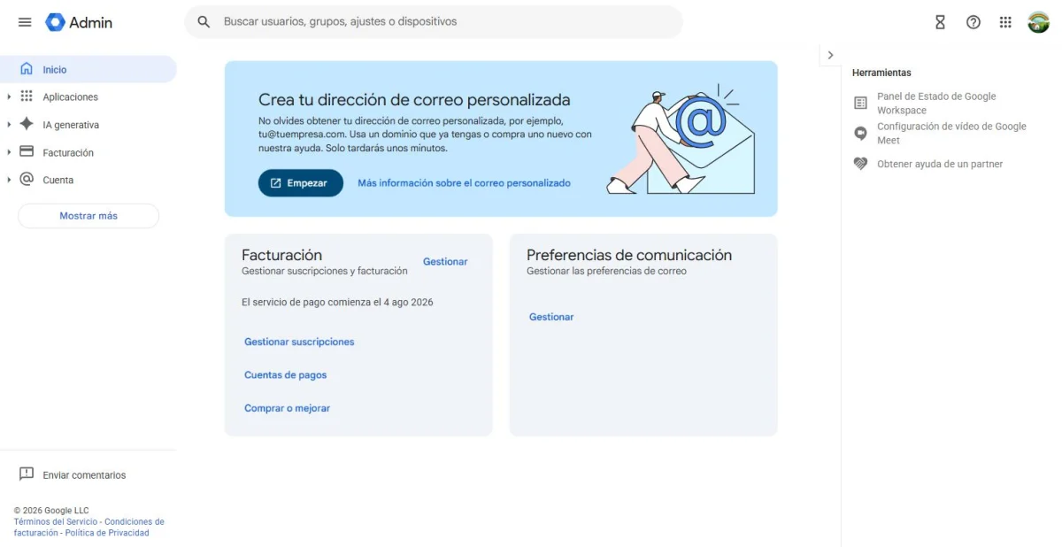 Panel de administración de Google Workspace