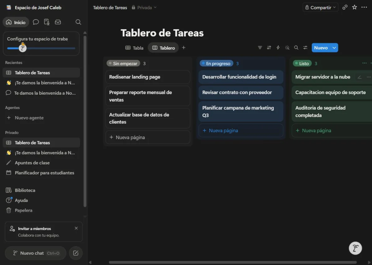 Panel de espacio de trabajo en Notion