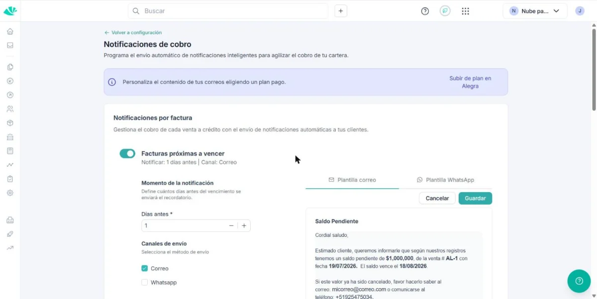 Panel de recordatorios automáticos de pago