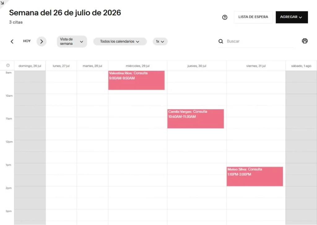 Panel de reservas de una clínica