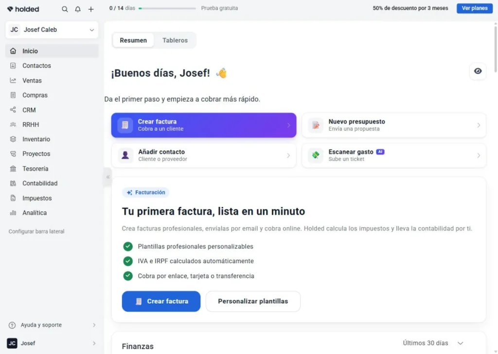Panel de Holded, software de contabilidad para pymes