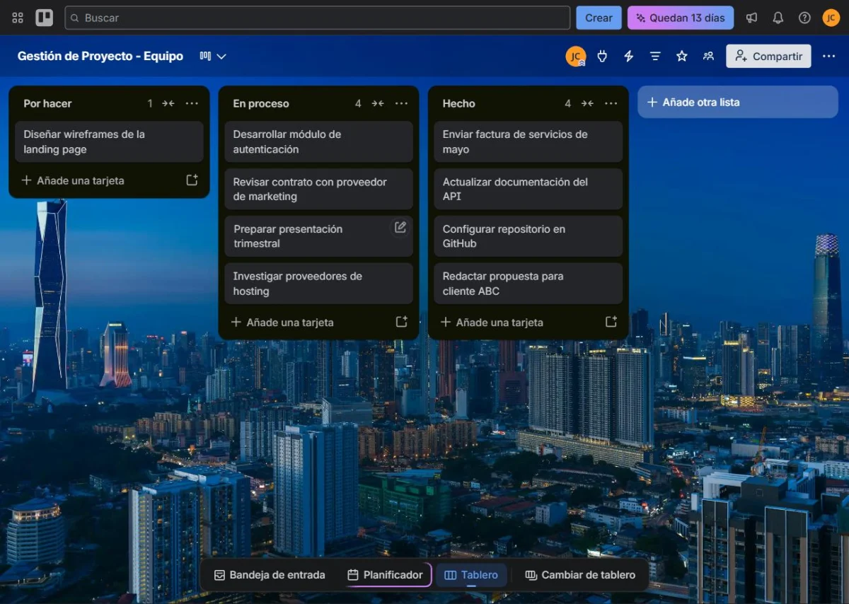 Tablero de Trello para una startup