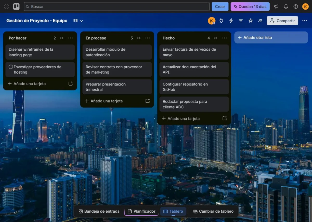 Ejemplo de tablero Kanban recién creado