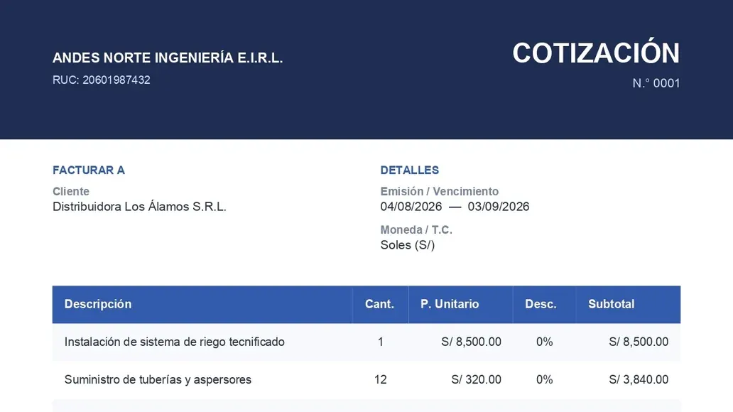 Cotización profesional generada con la herramienta