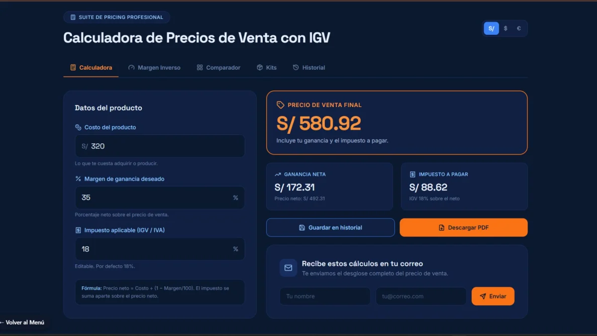 Resultado del cálculo de precio de venta con IGV