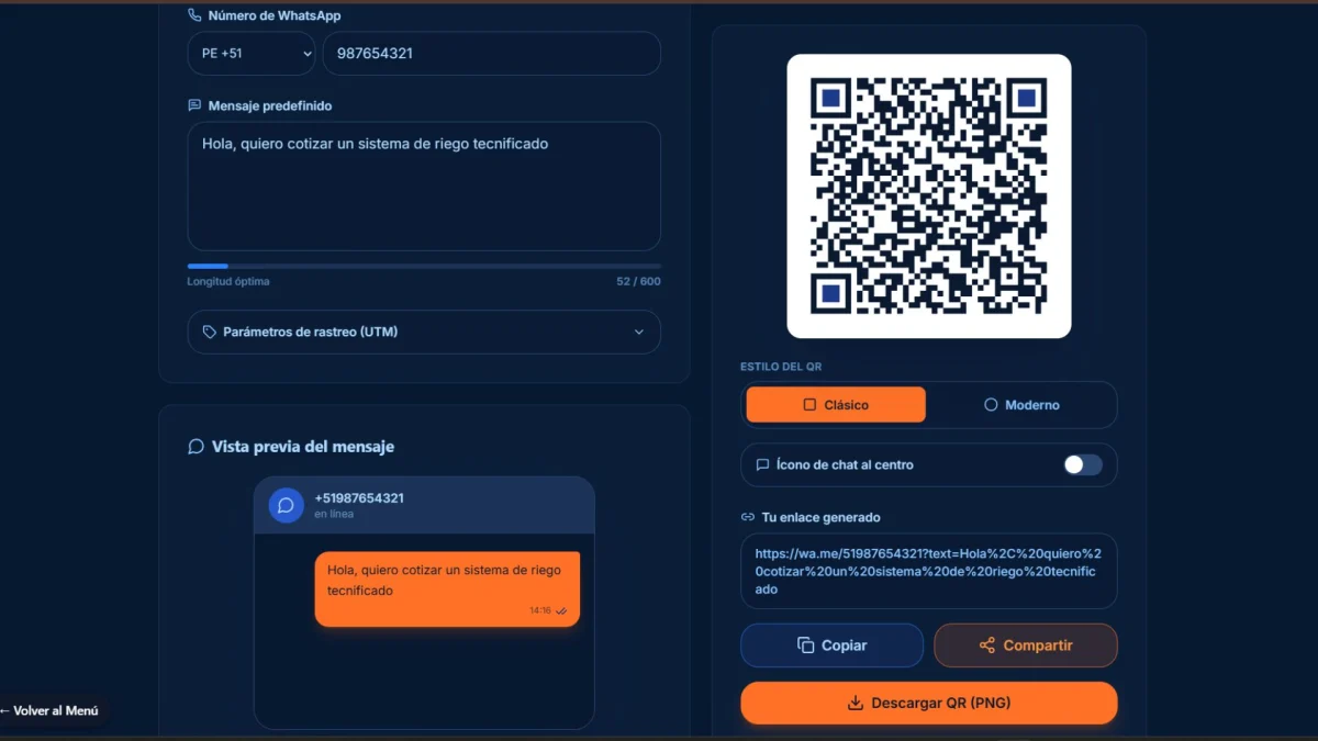 Código QR generado para iniciar un chat de WhatsApp