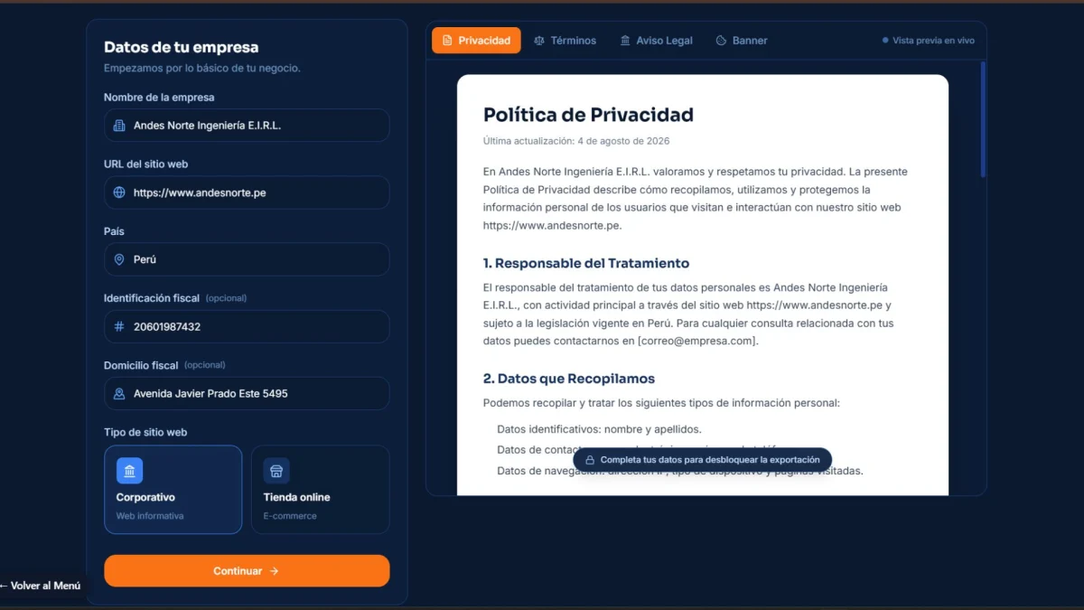 Documento legal generado para una web