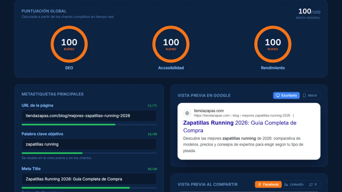 Resultado del auditor SEO con la vista previa en Google de una página analizada
